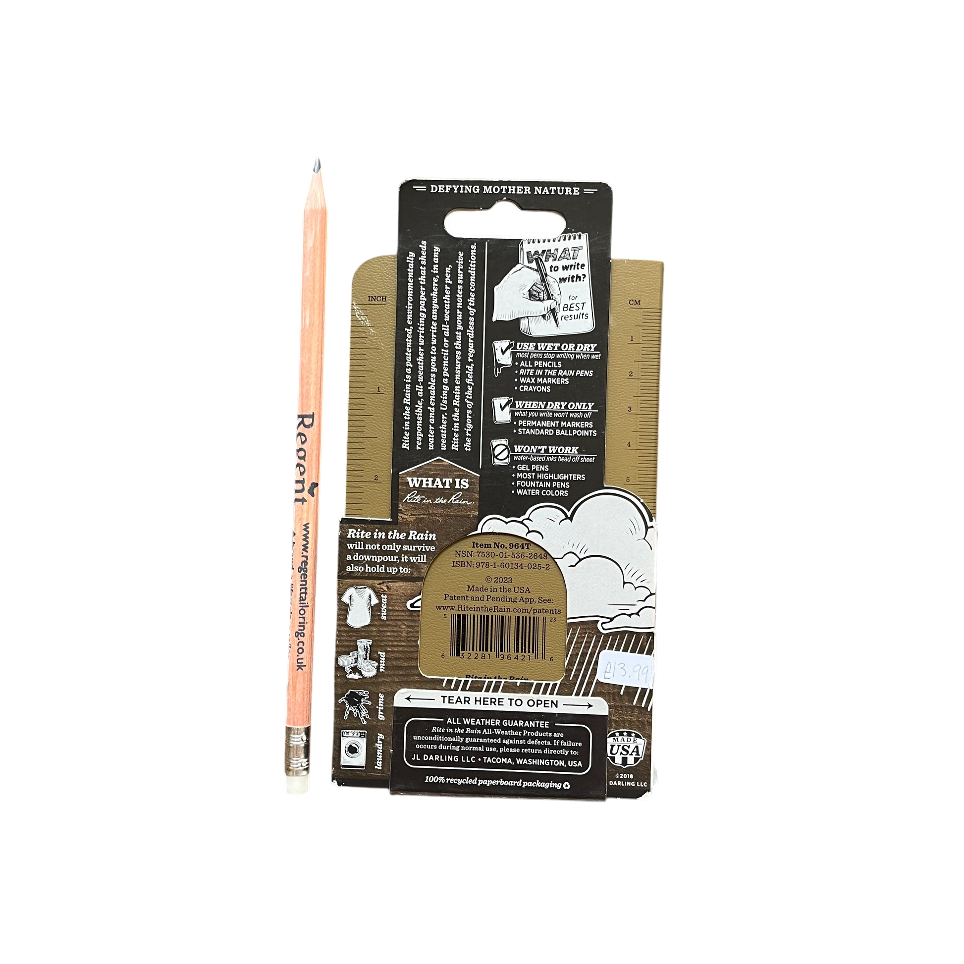 Regent Tailoring Rite in the Rain all-weather notebook packaging with instructions and a wooden pencil