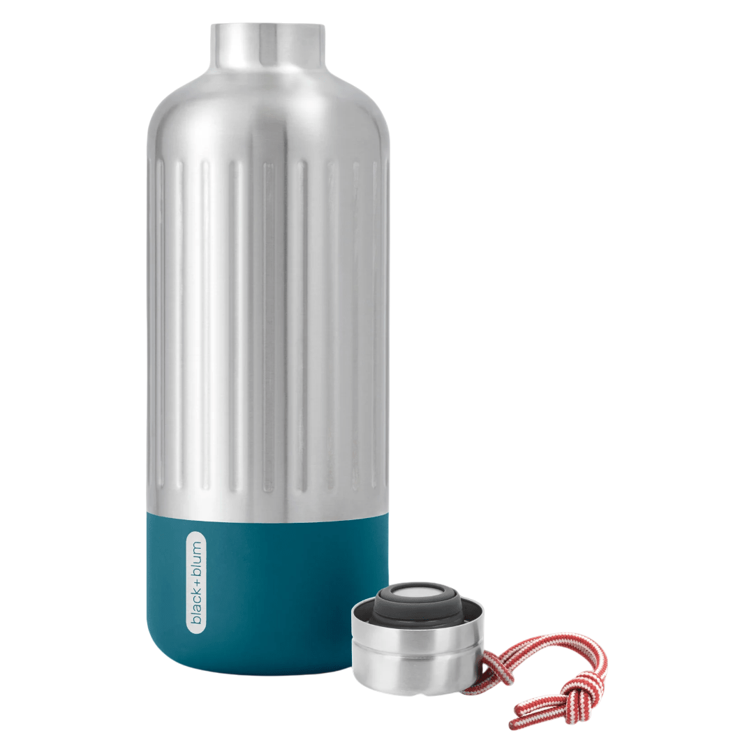 Regent Tailoring Black and Blum Explorer large stainless steel vacuum insulated bottle with teal base and carry loop