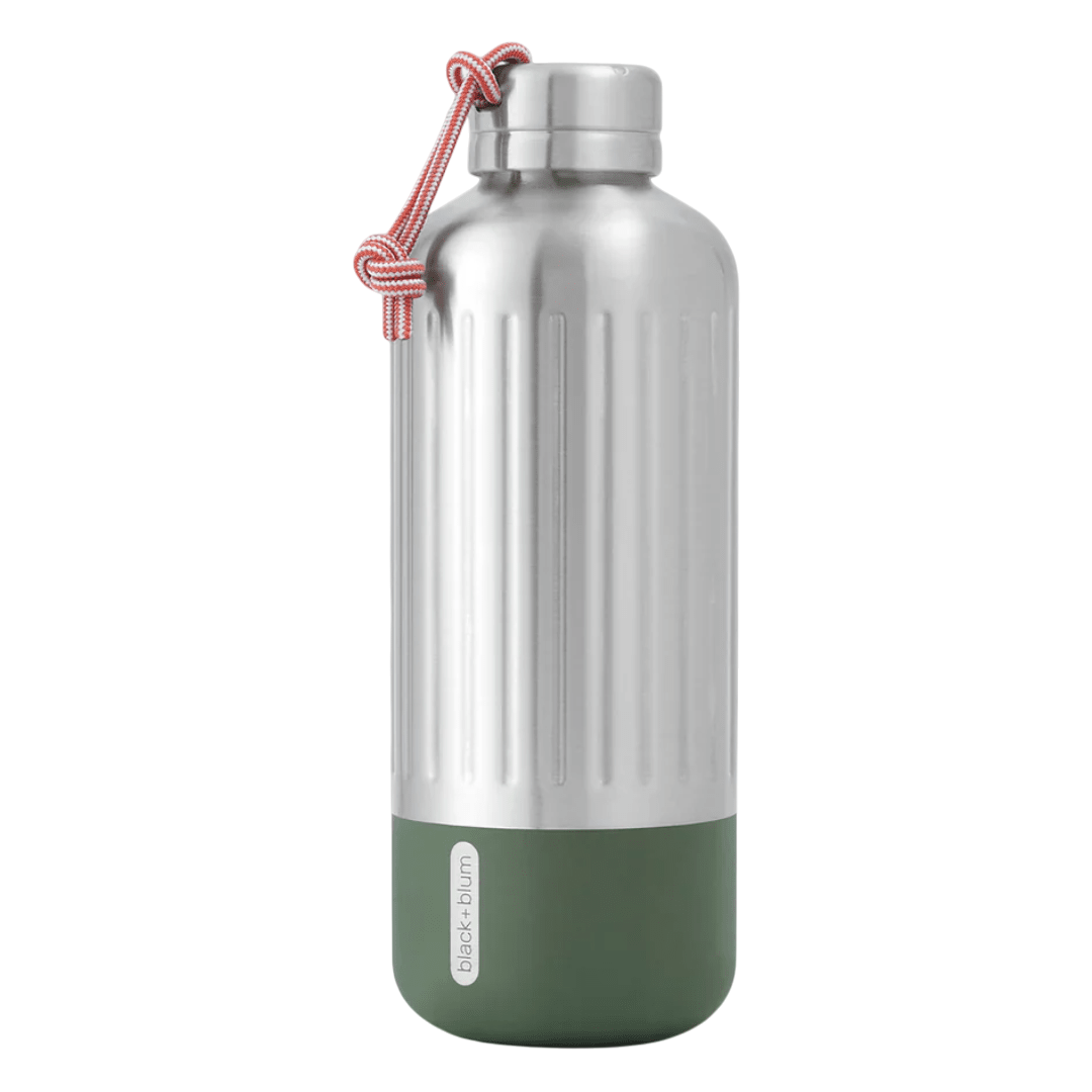 Regent Tailoring Black and Blum Explorer large stainless steel vacuum insulated bottle with green base and carry loop
