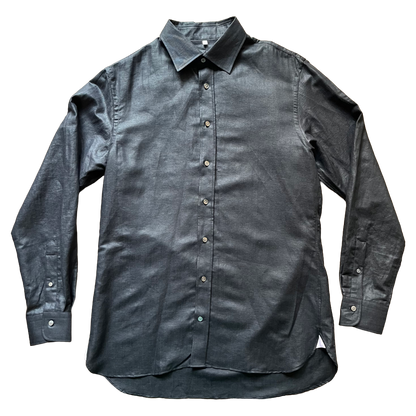 Regent Tailoring black linen and cotton blend long-sleeve shirt with a soft Kent collar and mother of pearl buttons.