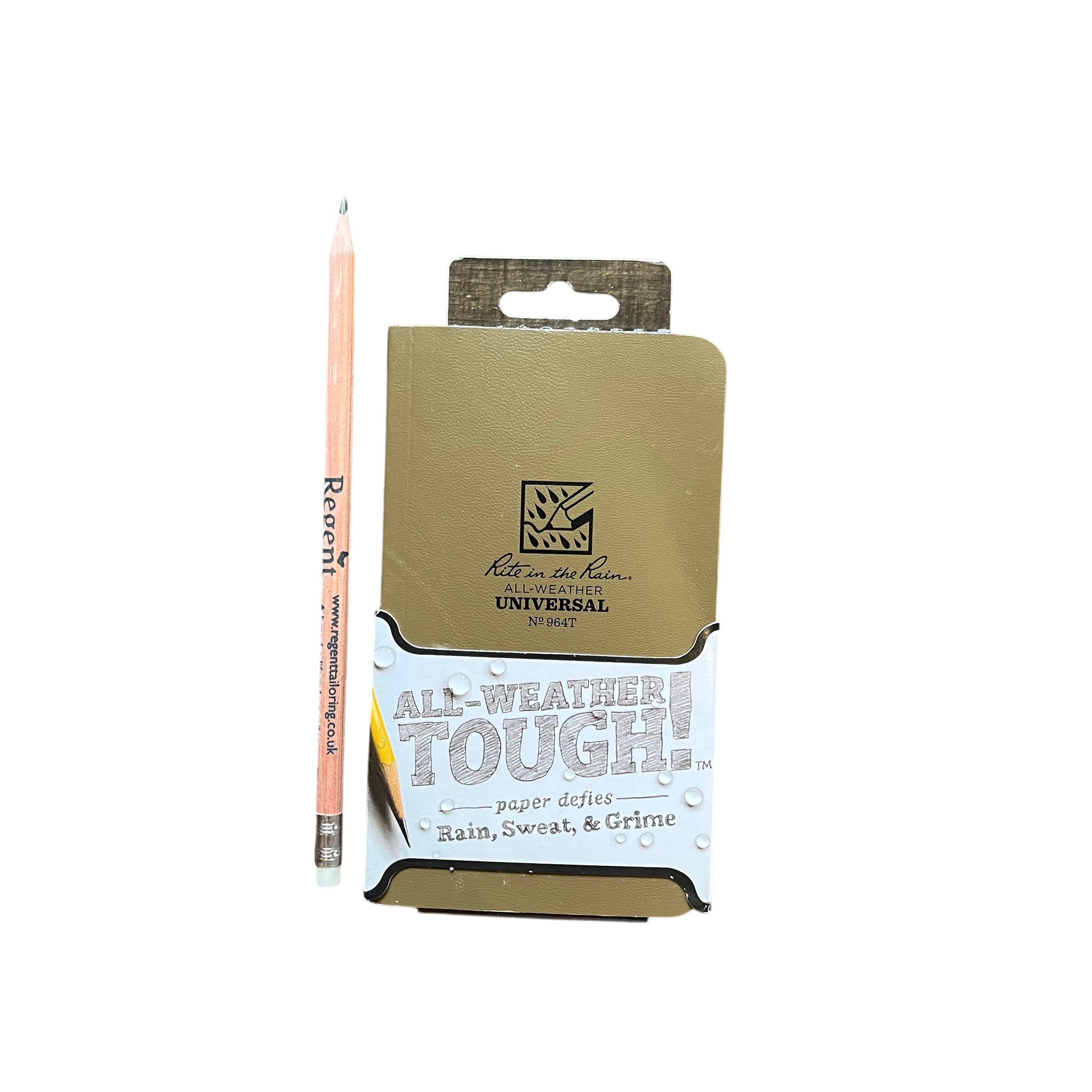 Regent Tailoring Rite in the Rain brown all-weather pocket notebook with a branded pencil on a white background