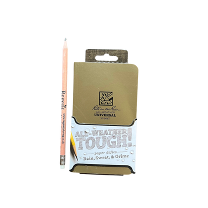 Regent Tailoring Rite in the Rain brown all-weather pocket notebook with a branded pencil on a white background