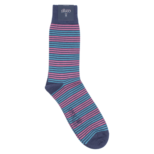 Regent Tailoring Corgi fine gauge wool blend socks featuring a blue and pink horizontal stripe pattern