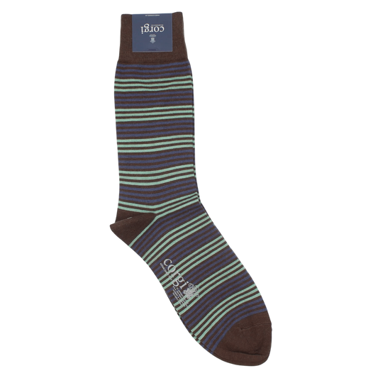 Regent Tailoring Corgi fine gauge wool blend socks in brown, green, and navy multi-stripe pattern with hand-linked toe