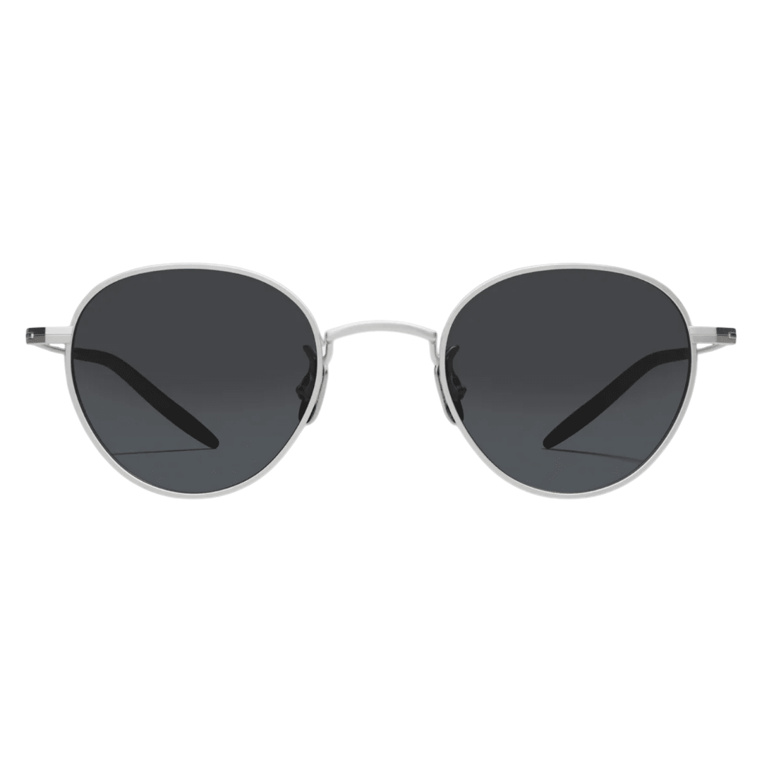 Regent Tailoring Cubitts Broadfield sunglasses in brushed silver with panto-shaped frames and dark ZEISS lenses.