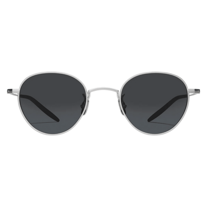 Regent Tailoring Cubitts Broadfield sunglasses in brushed silver with panto-shaped frames and dark ZEISS lenses.