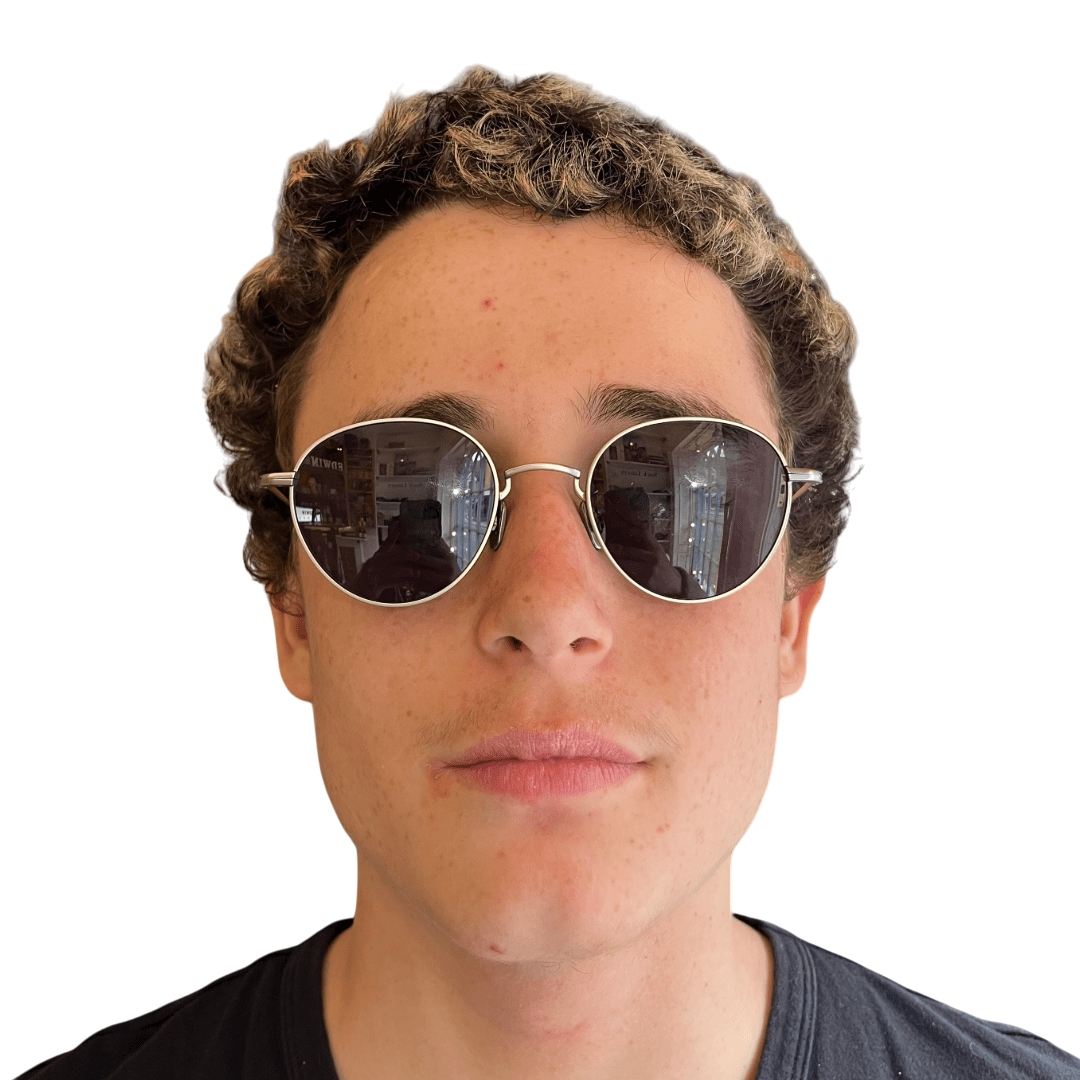 Regent Tailoring Cubitts Broadfield sunglasses in brushed silver stainless steel with panto frames on a man