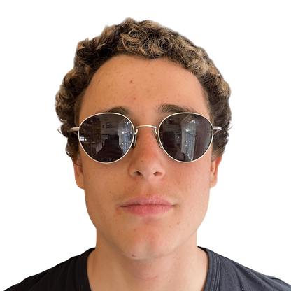 Regent Tailoring Cubitts Broadfield sunglasses in brushed silver stainless steel with panto frames on a man