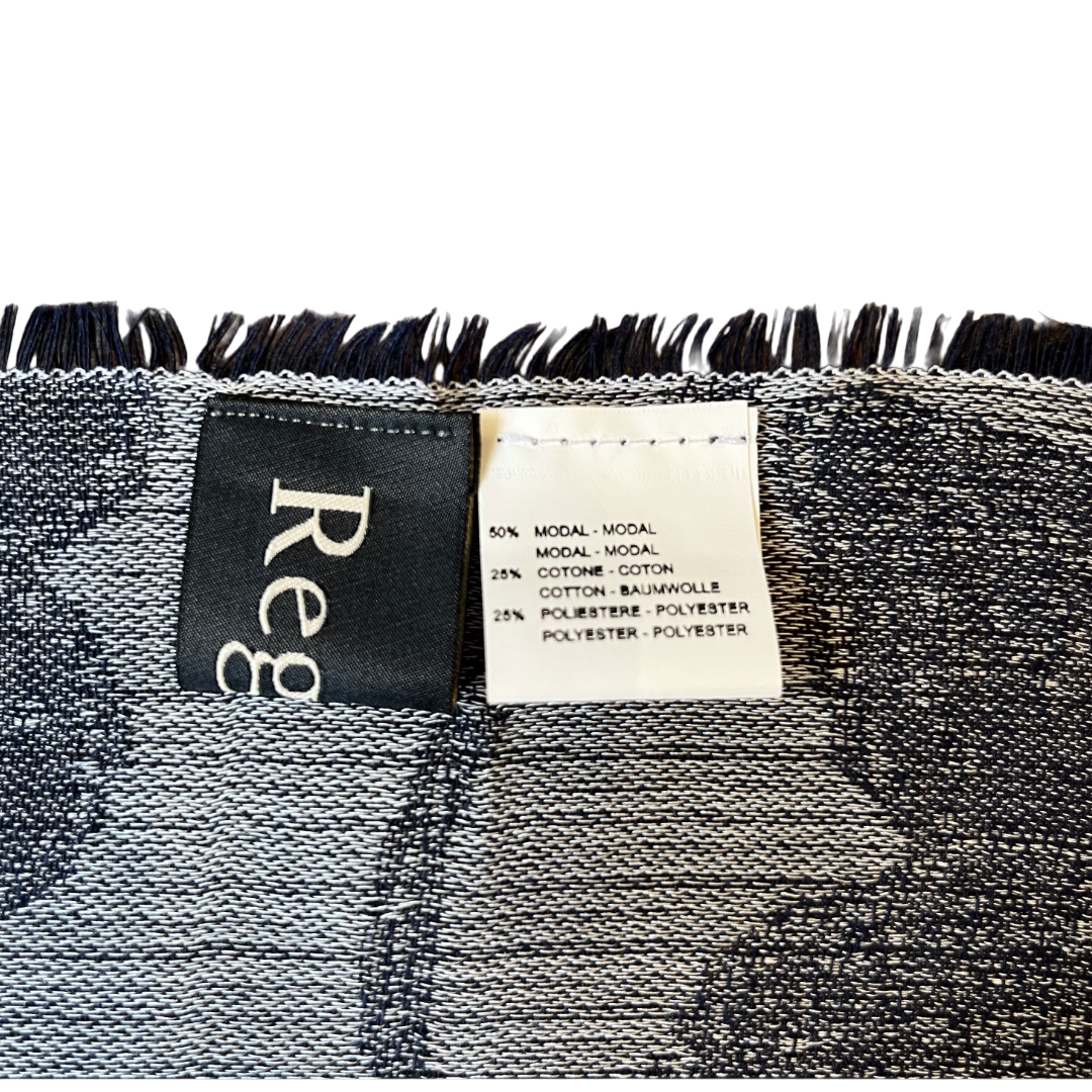 Regent Tailoring floral textured scarf label showing fabric composition of modal, cotton, and polyester blend