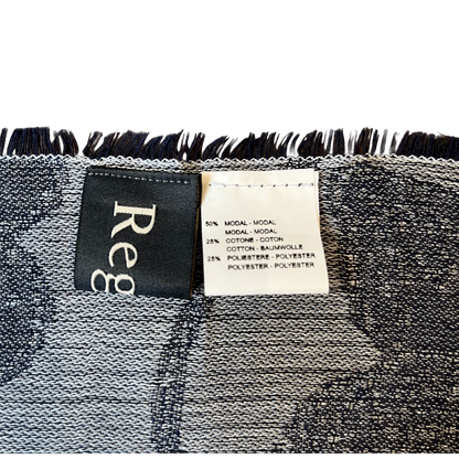 Regent Tailoring floral textured scarf label showing fabric composition of modal, cotton, and polyester blend