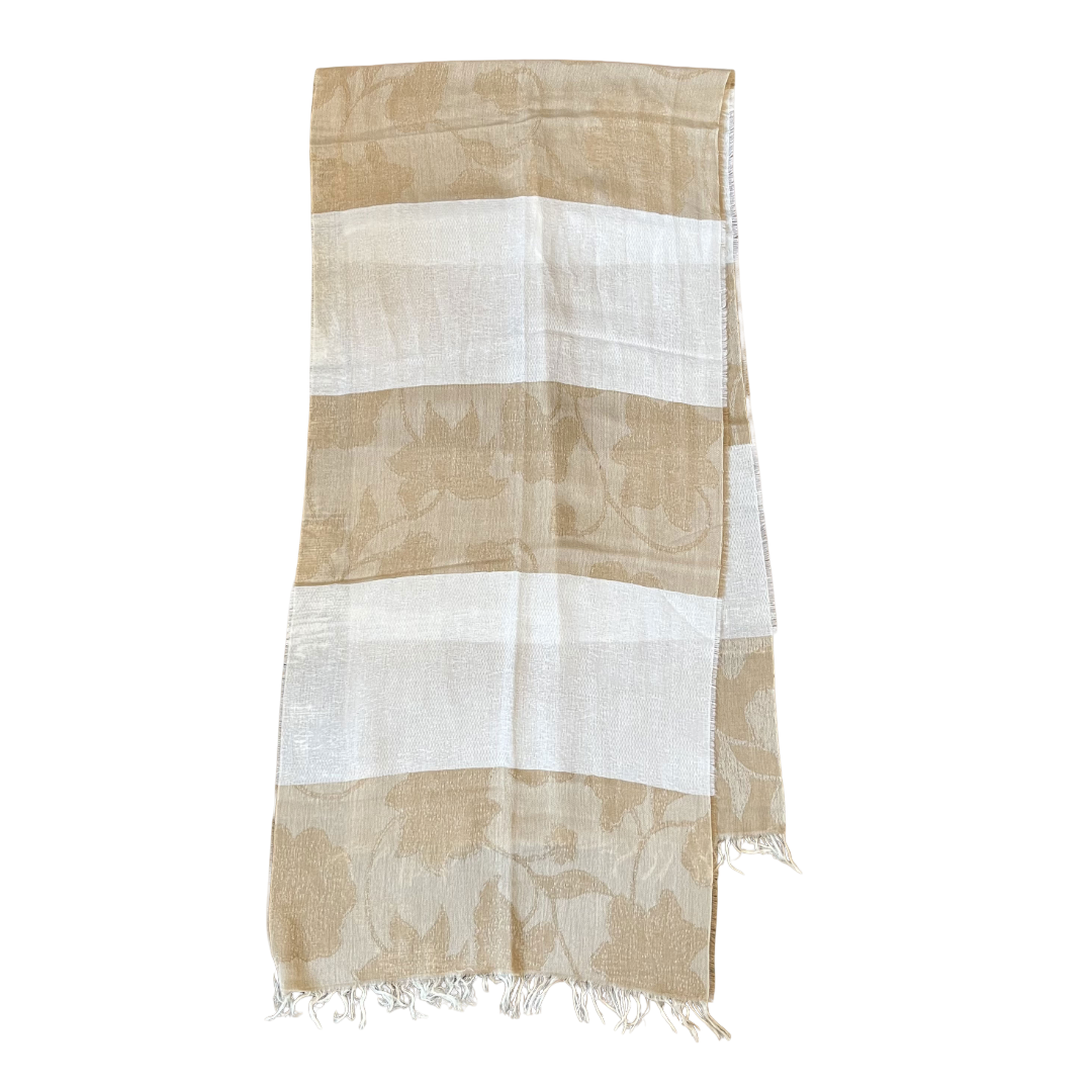 Regent Tailoring lightweight scarf in beige and white with a floral textured pattern and fringed edges.