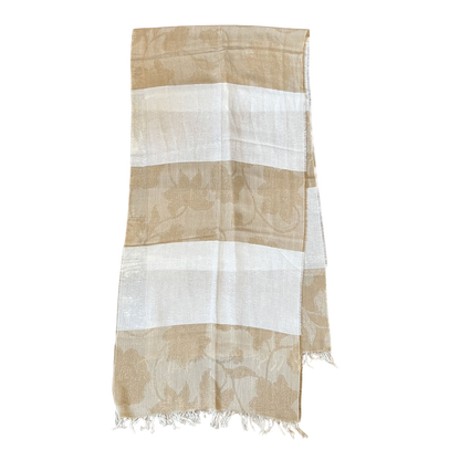 Regent Tailoring lightweight scarf in beige and white with a floral textured pattern and fringed edges.