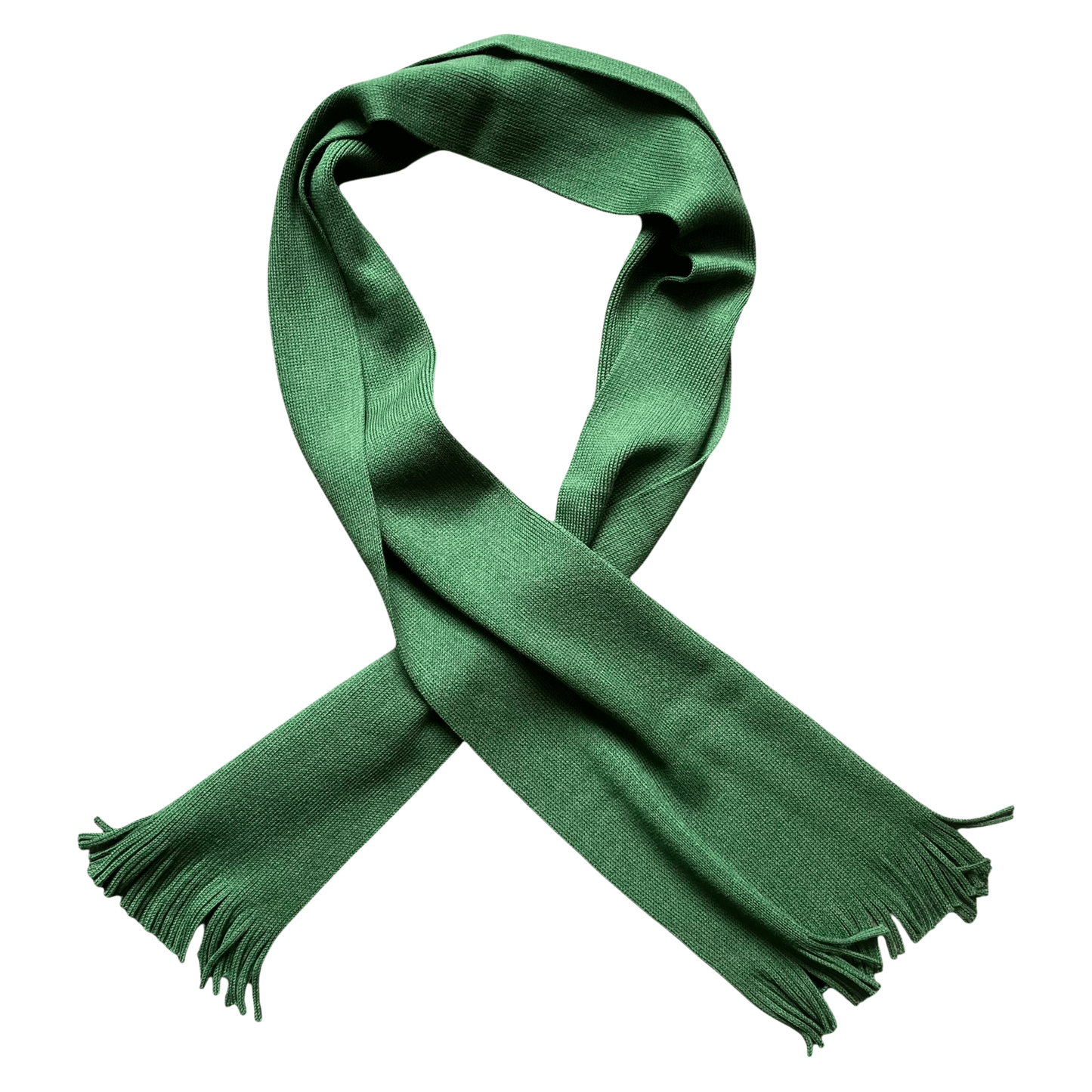 Regent Tailoring solid green 100% wool scarf with classic tassel fringe ends, isolated on white background.