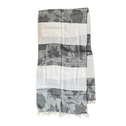 Regent Tailoring lightweight scarf in grey and white with a floral textured pattern and fringed edges.