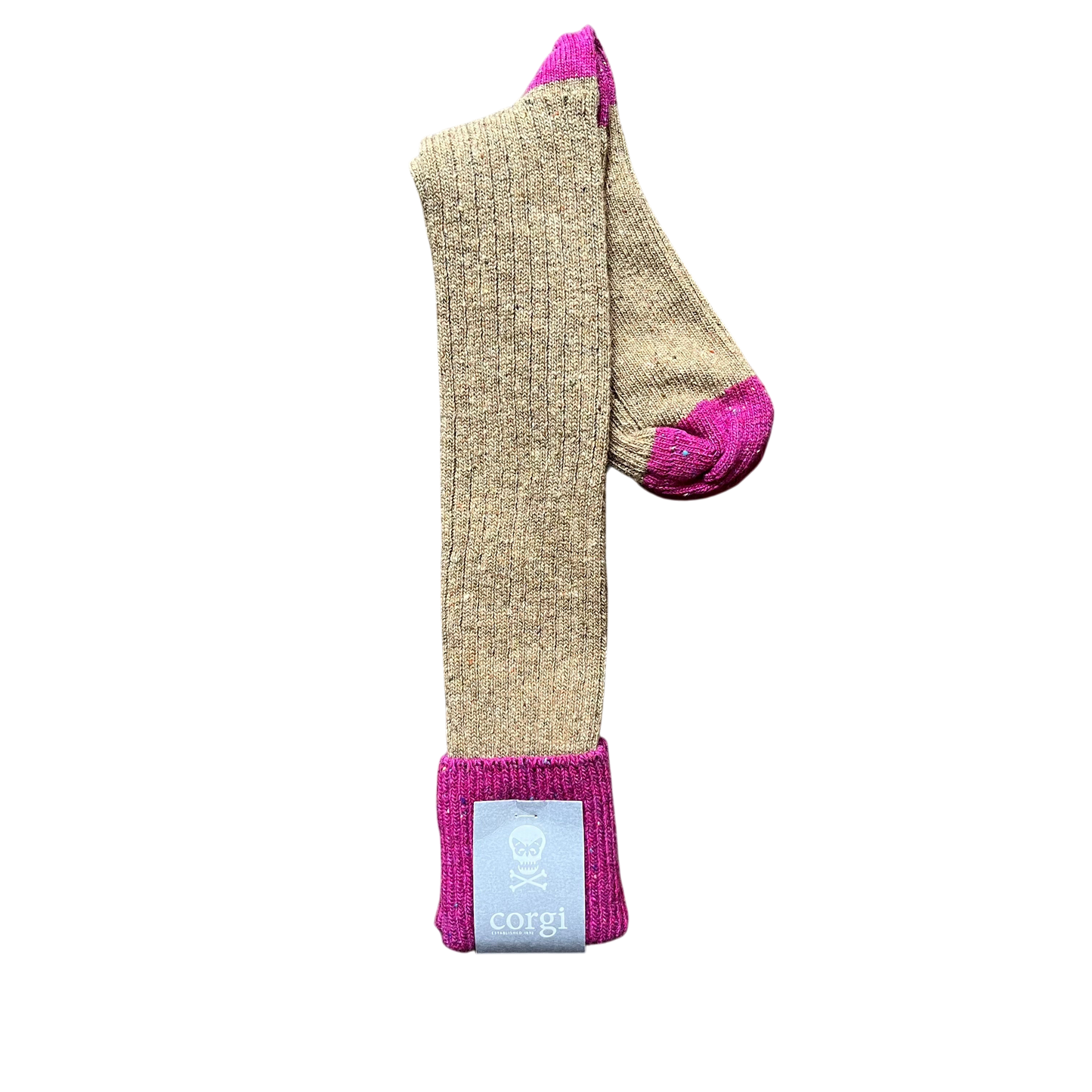 Regent Tailoring merino wool blend boot socks in beige with vibrant pink cuff and toe details.