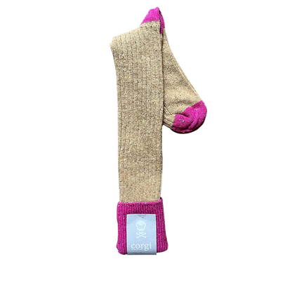 Regent Tailoring merino wool blend boot socks in beige with vibrant pink cuff and toe details.