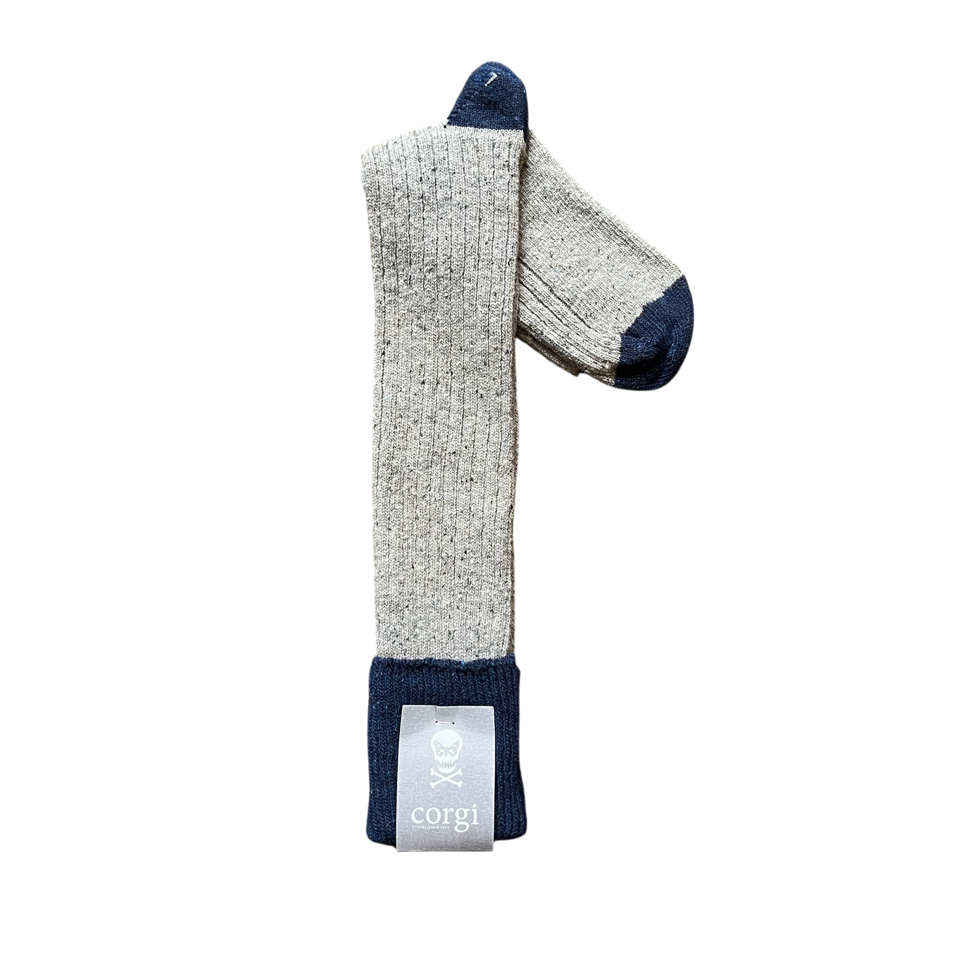 Regent Tailoring grey and navy merino wool blend boot socks with ribbed texture on a rustic wooden floor