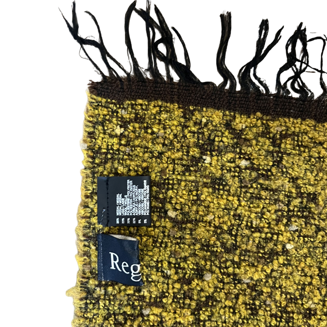 Regent Tailoring mustard textured wool blend scarf with fringe detail and brand label