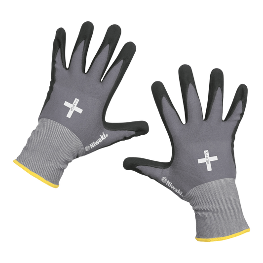 Regent Tailoring Niwaki grey gardening gloves with black nitrile coating, yellow cuffs, and X-Large size label.