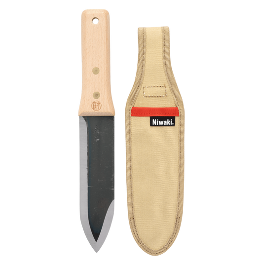 Regent Tailoring Niwaki Hori Hori PRO carbon steel gardening knife with beech handle and tan canvas holster