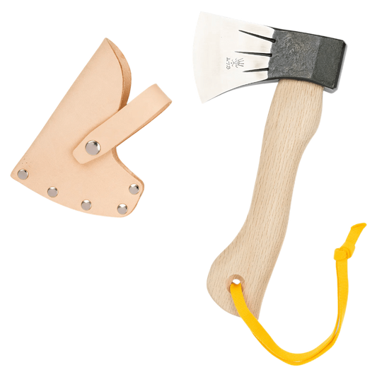 Regent Tailoring Niwaki mini craft hatchet with carbon steel blade, Japanese white oak handle, and leather sheath.