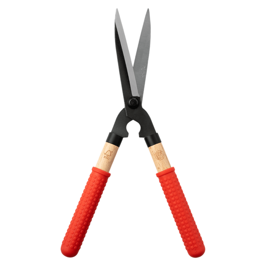 Regent Tailoring Niwaki mini shears with steel blades, FSC oak handles, and textured red grips for garden pruning.