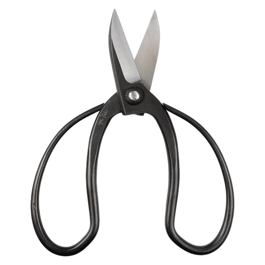 Regent Tailoring Niwaki Sentei gardening scissors with black steel handles and sharp blades for pruning.