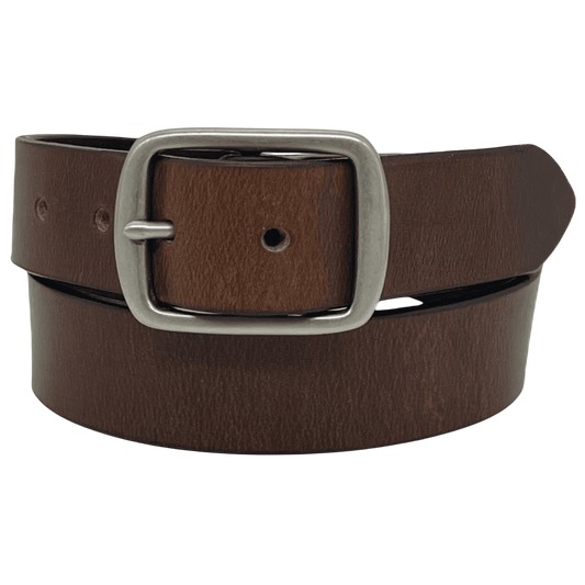 Regent Tailoring Barnes & Moore Submariner belt in oak bark conker leather with a handmade nickel buckle