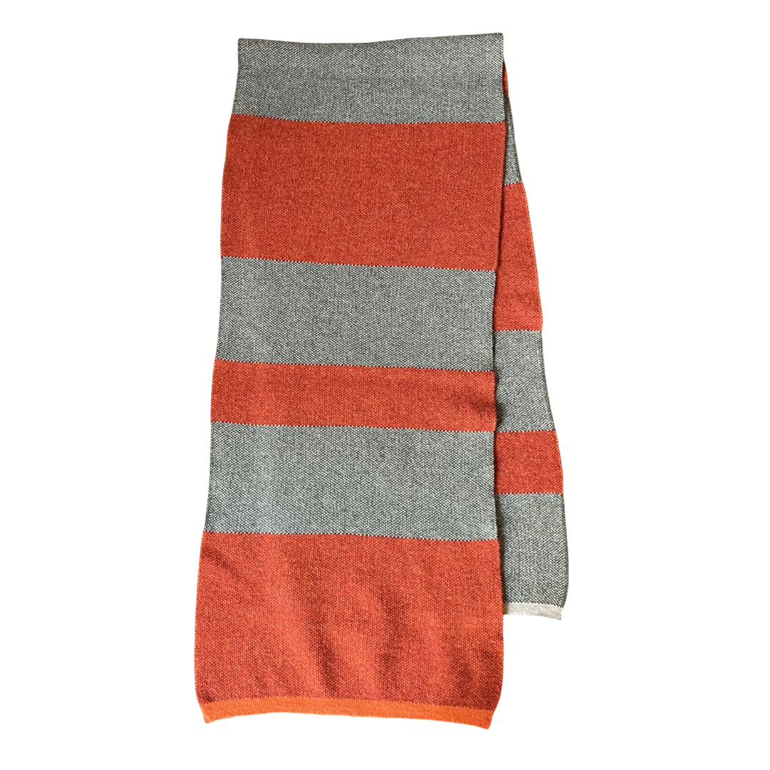 Regent Tailoring 100% wool scarf featuring orange and grey block colour stripes, made in Italy.