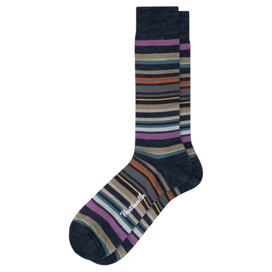 Regent Tailoring Pantherella Quakers charcoal striped socks in superfine Merino wool with a seamless toe design.