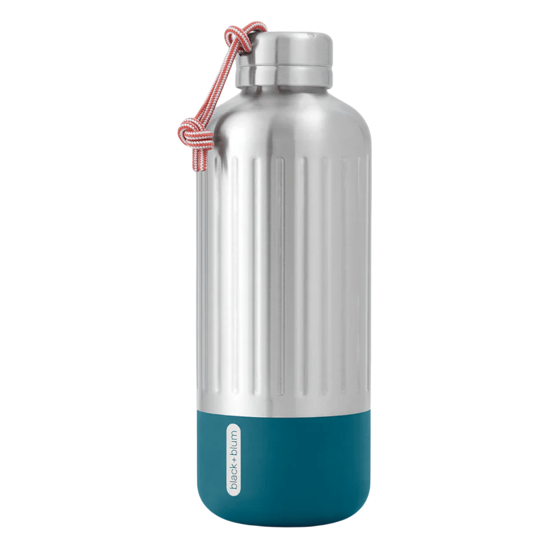 Regent Tailoring Black and Blum Explorer stainless steel water bottle with a teal base and red paracord carry loop.