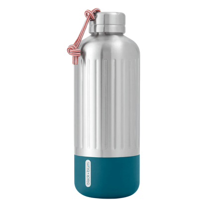 Regent Tailoring Black and Blum Explorer stainless steel water bottle with a teal base and red paracord carry loop.