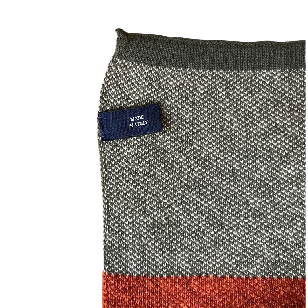 Regent Tailoring 100% wool scarf featuring grey and orange block stripes with a Made in Italy label detail