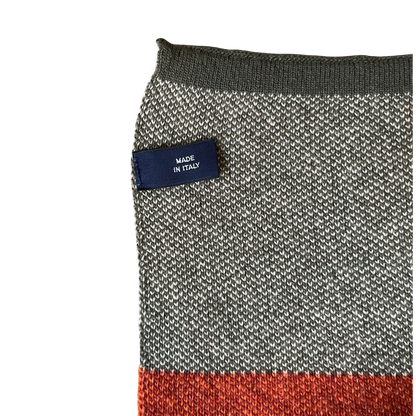 Regent Tailoring 100% wool scarf featuring grey and orange block stripes with a Made in Italy label detail