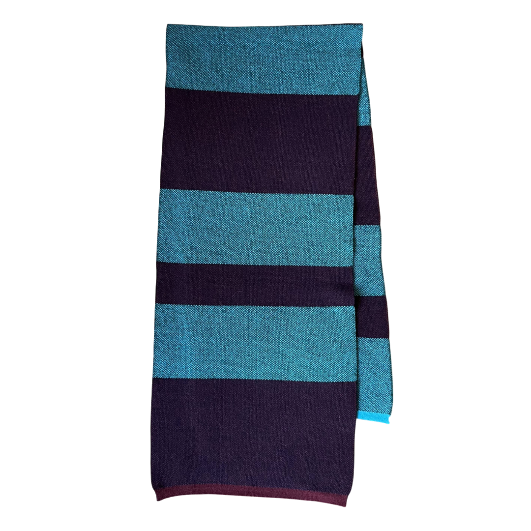 Regent Tailoring soft 100% wool scarf featuring bold navy and teal block colour stripes, made in Italy.