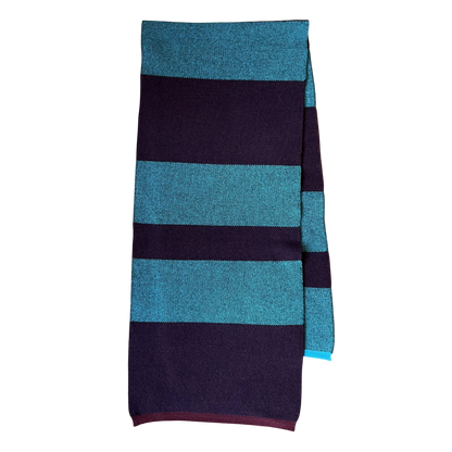 Regent Tailoring soft 100% wool scarf featuring bold navy and teal block colour stripes, made in Italy.