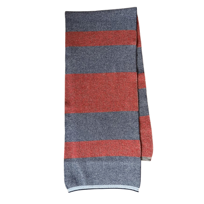 Regent Tailoring soft 100% wool scarf featuring multi-coloured block stripes in red and grey, made in Italy.