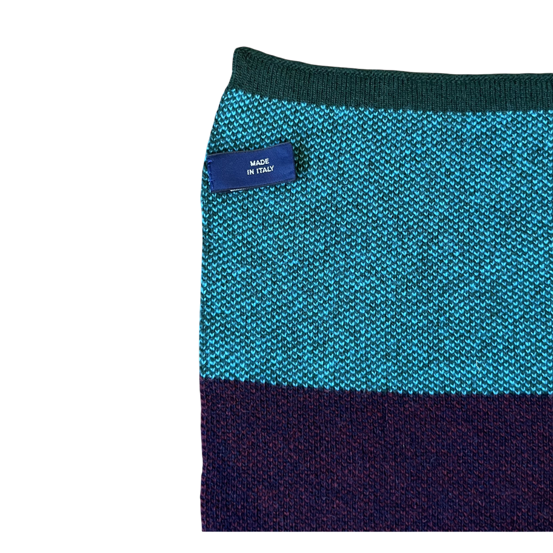 Regent Tailoring 100% wool scarf featuring teal and purple block stripes and a Made in Italy label.