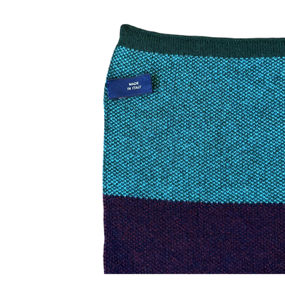 Regent Tailoring 100% wool scarf featuring teal and purple block stripes and a Made in Italy label.