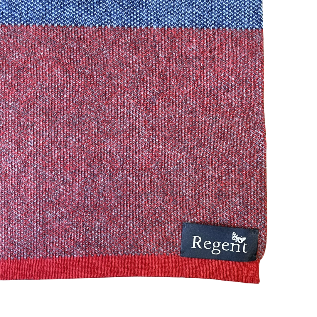 Regent Tailoring 100% wool scarf featuring multi-coloured block stripes and a branded fabric label.