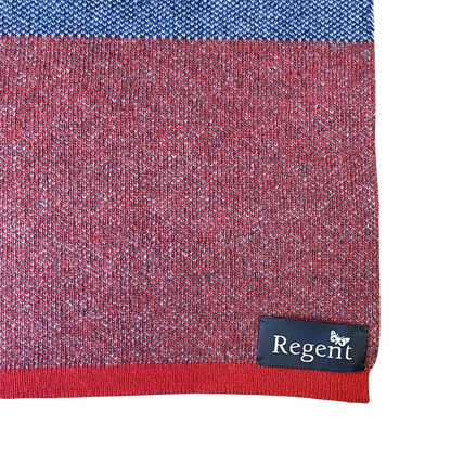 Regent Tailoring 100% wool scarf featuring multi-coloured block stripes and a branded fabric label.
