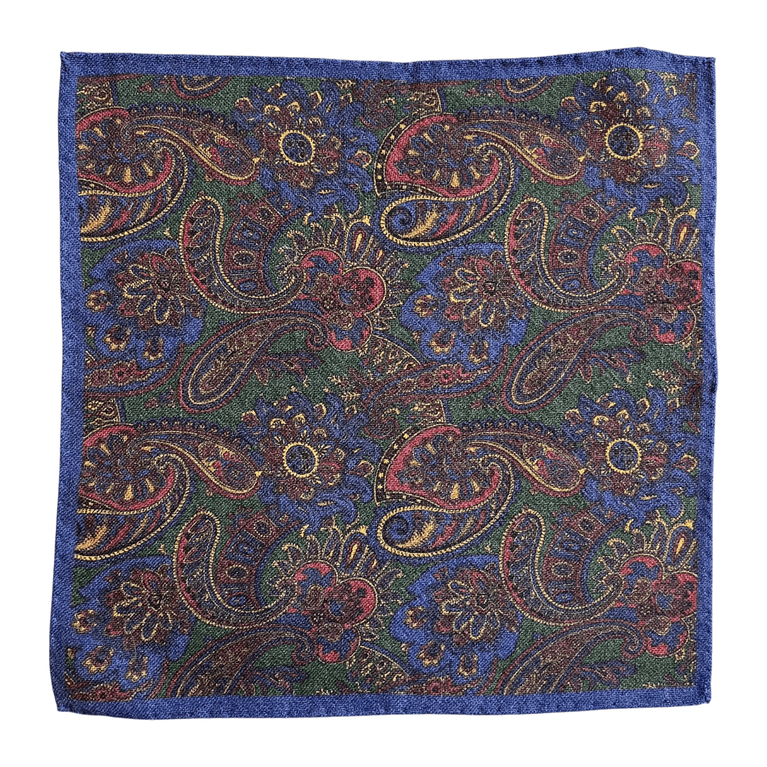 Regent - Wool Pocket Square - Navy and Green Paisley - Regent Tailoring Salisbury