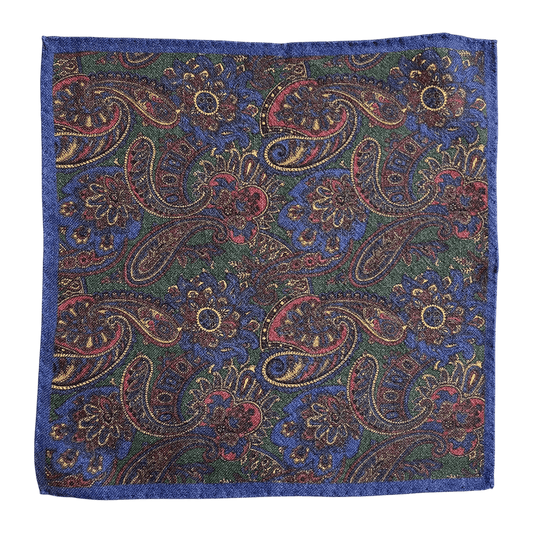 Regent - Wool Pocket Square - Navy and Green Paisley - Regent Tailoring Salisbury