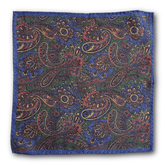 Regent - Wool Pocket Square - Navy and Green Paisley - Regent Tailoring Salisbury