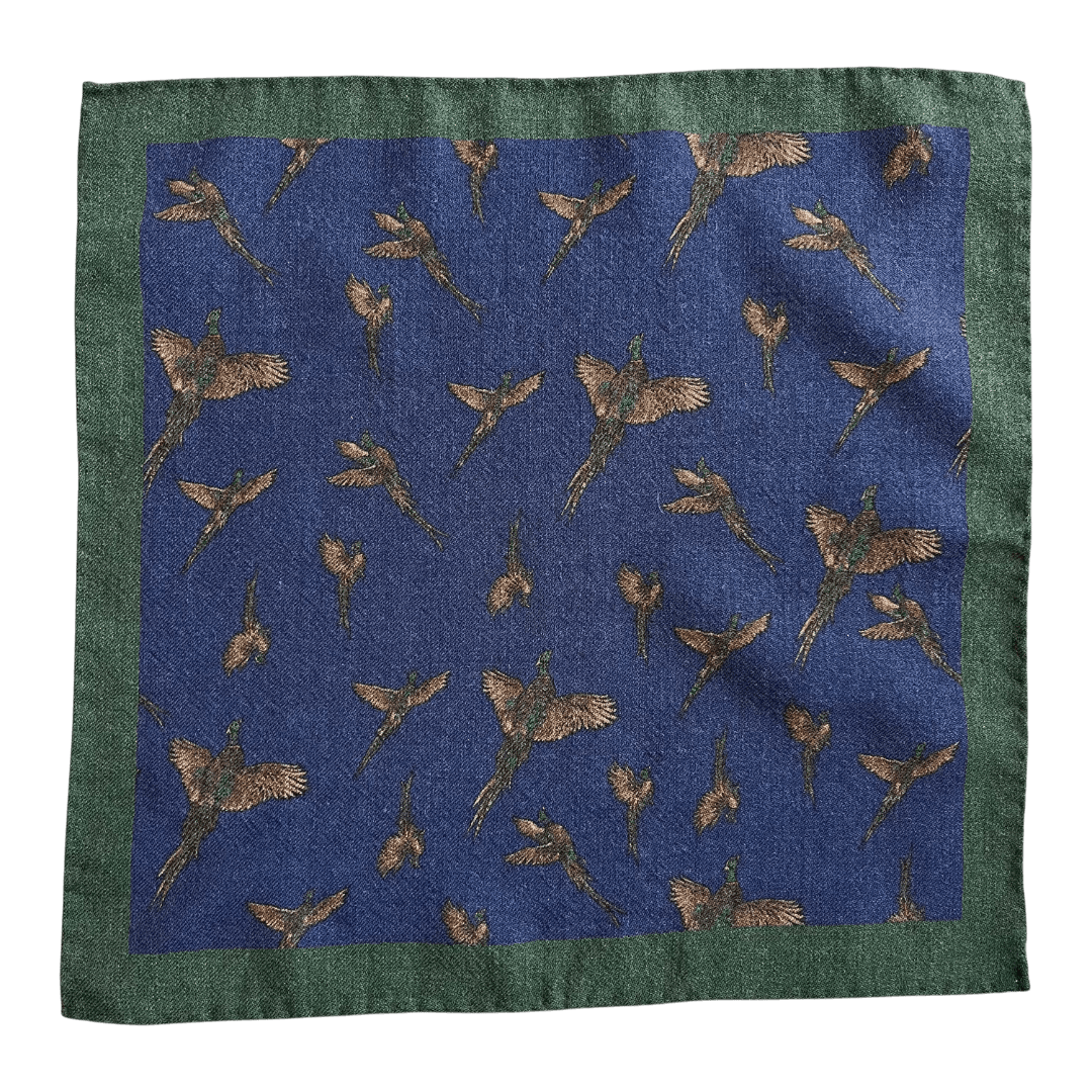 Regent - Wool Pocket Square - Navy with Pheasants - Regent Tailoring Salisbury