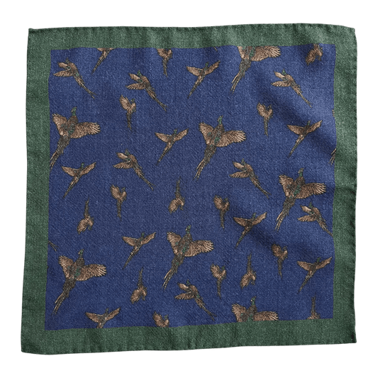 Regent - Wool Pocket Square - Navy with Pheasants - Regent Tailoring Salisbury