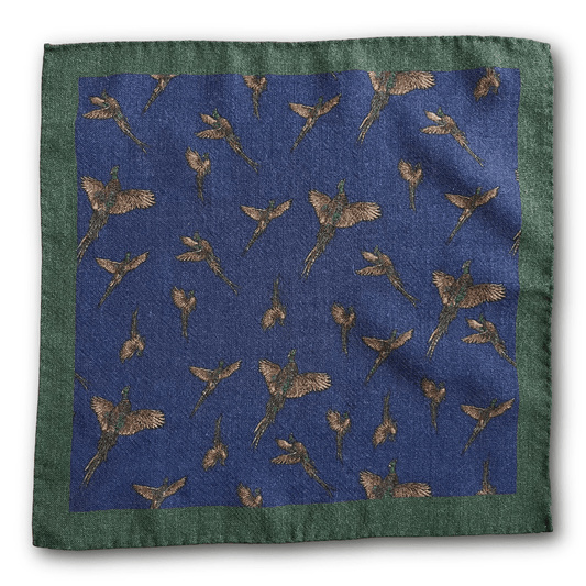 Regent - Wool Pocket Square - Navy with Pheasants - Regent Tailoring Salisbury