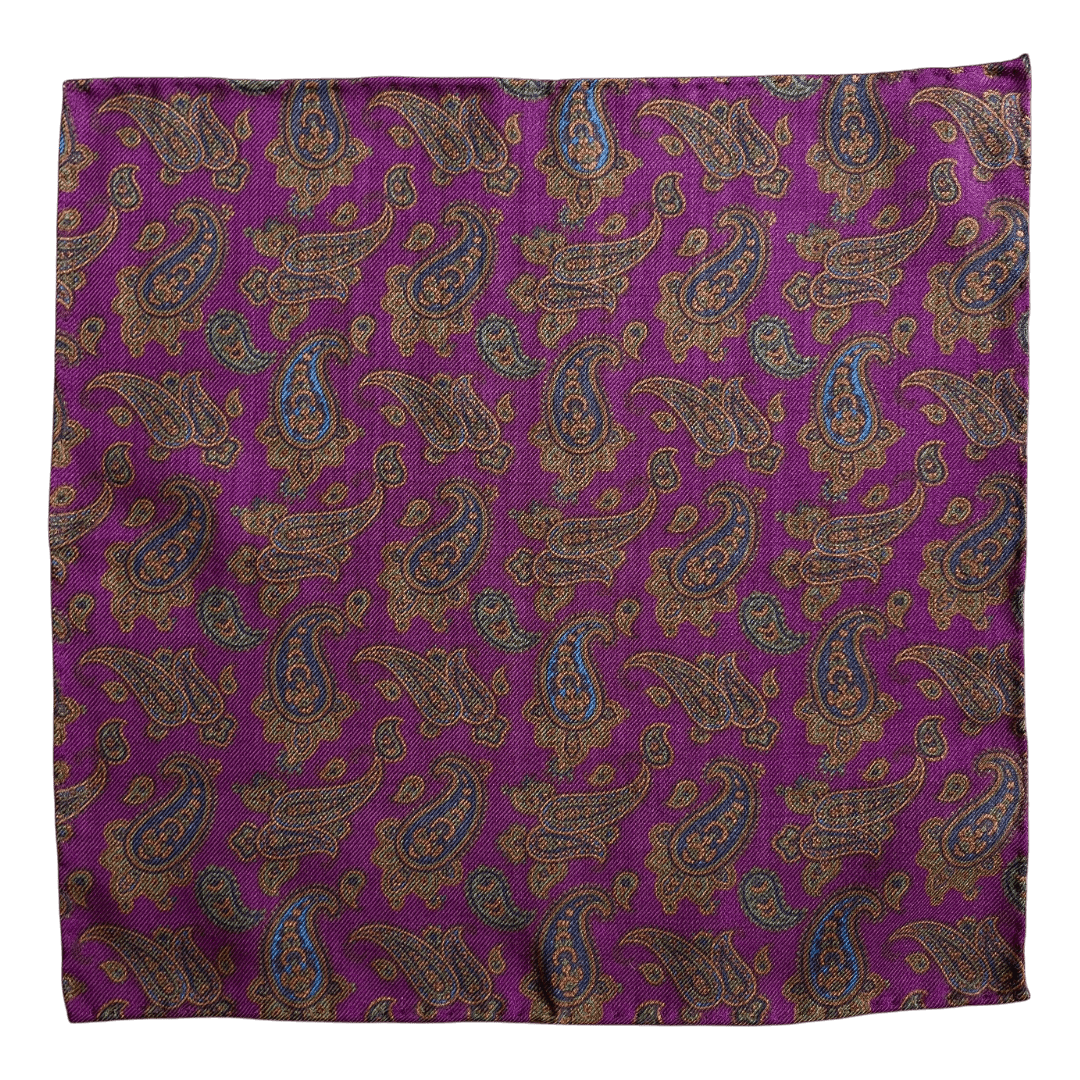 Regent - Wool Pocket Square - Purple and Navy Paisley - Regent Tailoring Salisbury