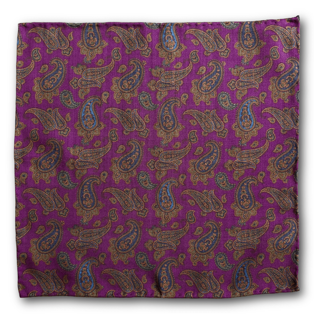 Regent - Wool Pocket Square - Purple and Navy Paisley - Regent Tailoring Salisbury