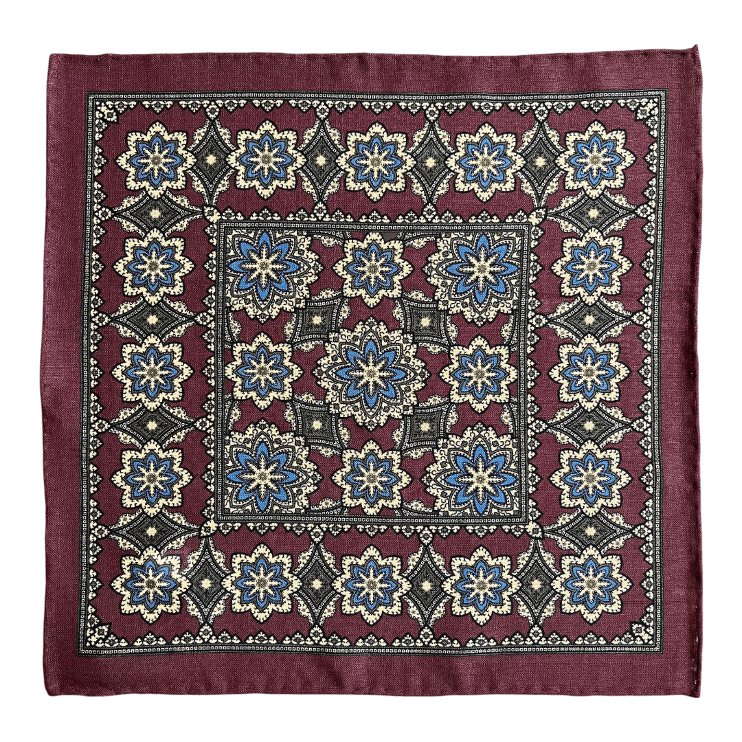 Regent - Wool/Silk Pocket Square - Burgundy/Blue Motif - Regent Tailoring Salisbury